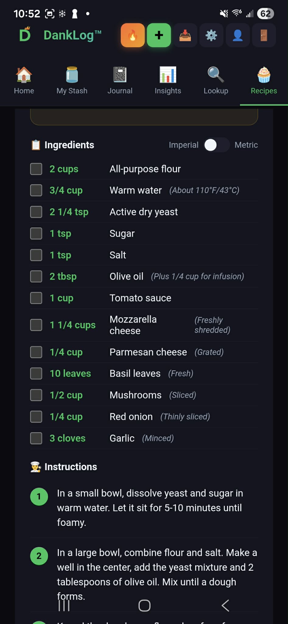 Full pizza ingredients list including dough, toppings, and cannabis-infused olive oil
