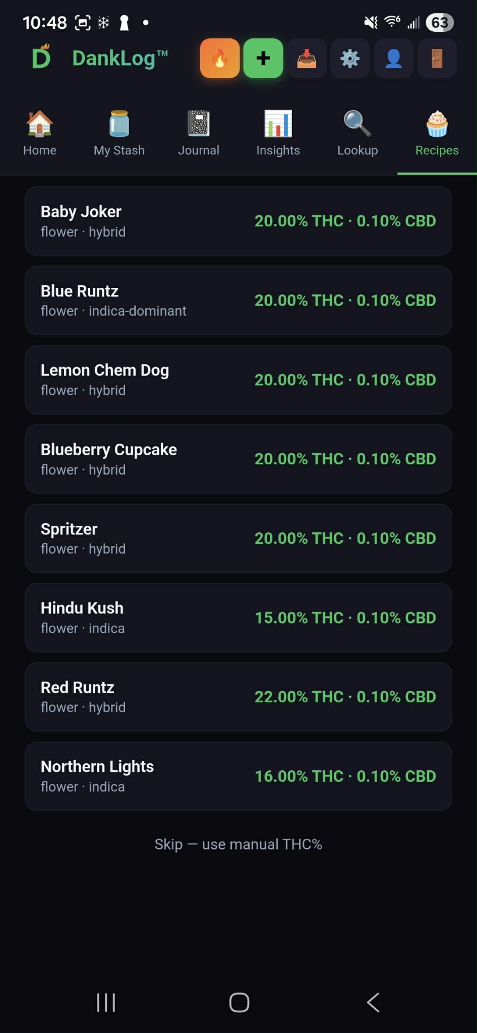 Stash strain selection showing Baby Joker, Blue Runtz, Northern Lights and more with THC percentages